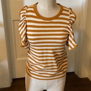 Anthropologie Mustard and White Striped Puff-Sleeve Tee